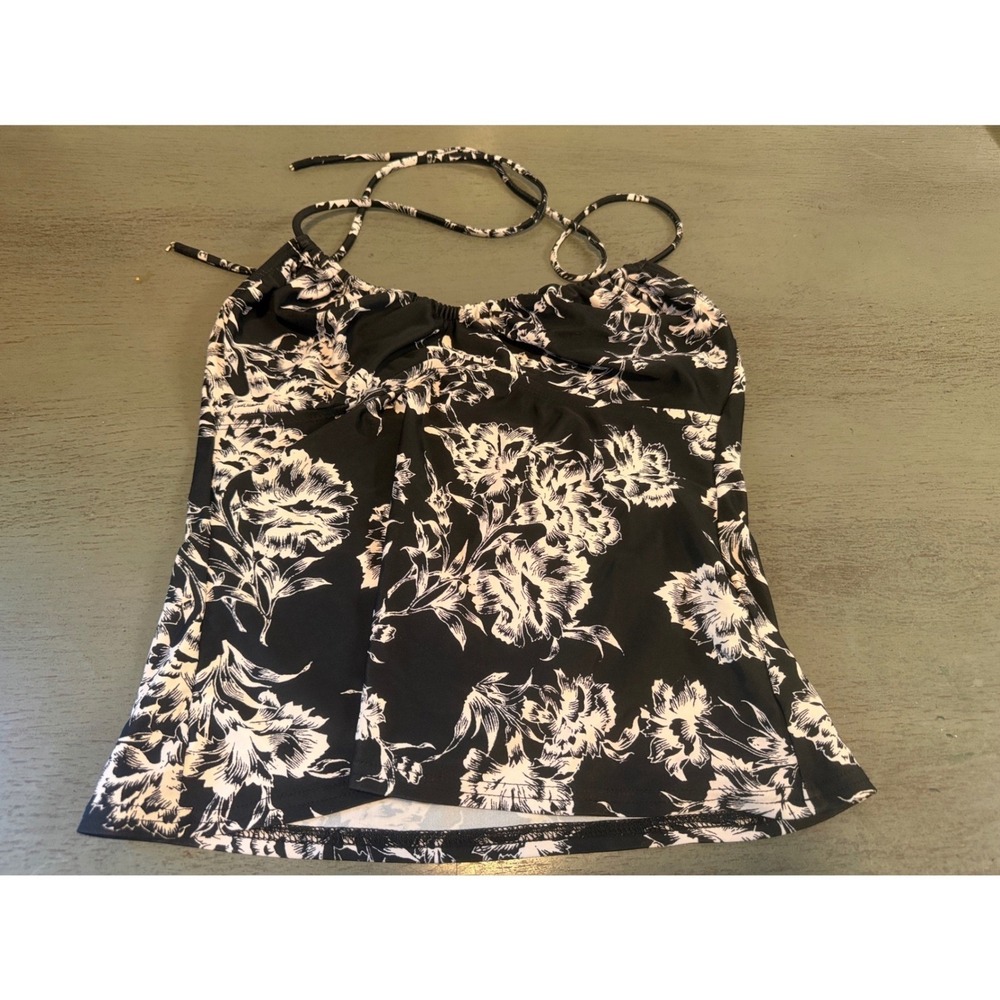 Kenneth Cole Reaction Tankini Swim Top Black White Floral Halter Medium